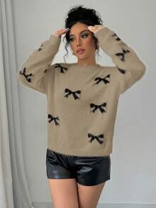 Selianne Neue Pullover mit Kunstfell-Kragen und Schleife, modisches Design Langarm-Pullover für Frauen - Kamelfarben - Übersicht 6