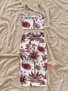 Soleia 女士度假休闲热带印花吊带背心和半身裙两件套 - 酒紅色 - 查看 2