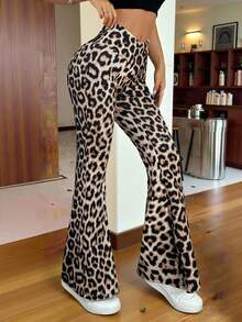SHEIN EZwear 女性時尚高腰性感豹紋喇叭褲長褲 - 棕色 - 查看 6