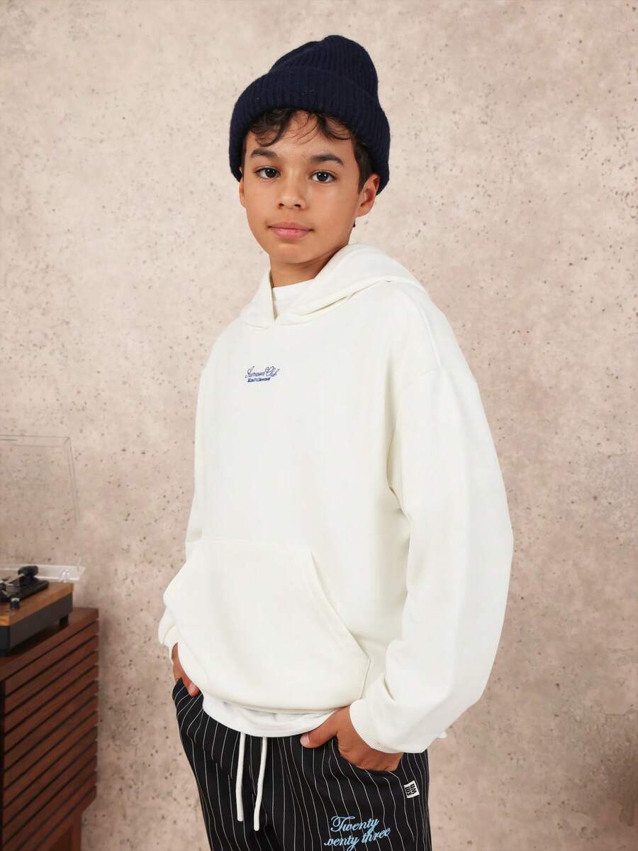 SUMWON Classic Youth Pullover Hoodie Casual Everyday Basic Sweatshirt With Front Logo Campus Style Cozy Winter Layering Essential Drawstring Streetwear - White - View 1