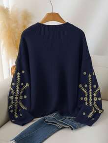 CosyJoli Pull oversize décontracté à col rond ajusté avec broderie florale, décontracté pour femmes, pull décontracté pour femmes - Bleu marine - Voir 2