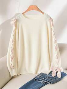 CosyJoli Áo len dệt kim cổ tròn tay rút dây cỡ lớn dành cho nữ, mùa thu/đông - Vàng nhạt - Xem 4