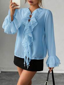 Rafferiza French Elegant Solid Color Chiffon Lantern Sleeve V-Neck Tie Front Loose Regular Autumn Ladies Blouse Fall Cloth For Women - Blue - View 7