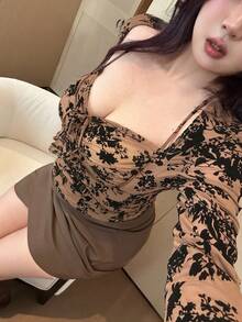 Dazy Plus Flocked Printed Tight Fit Sexy Crop Long Sleeve T-Shirt