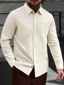 Manfinity CasualCool Men's Casual Solid Color Long Sleeve Shirt, Versatile For Autumn Cream Button Up Men Mens Shirts With Pockets - Apricot - View 5