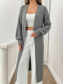 SHEIN Tall Tall Women Casual Solid Black Rib Knit Long Cardigan - Grey - View 3