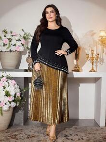 Modelyn 1 Set unregelmäßiger Perlen Dekor Design Schwarze Bluse & Goldener Rock, eleganter Damenstil, modisch & schlank, geeignet für Damen in Große Größen - Schwarz - Übersicht 5
