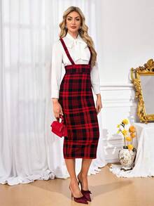 SHEIN Clasi 女士时尚百搭后开衩铅笔裙（带肩带），秋冬 - 紅色和黑色 - 查看 4