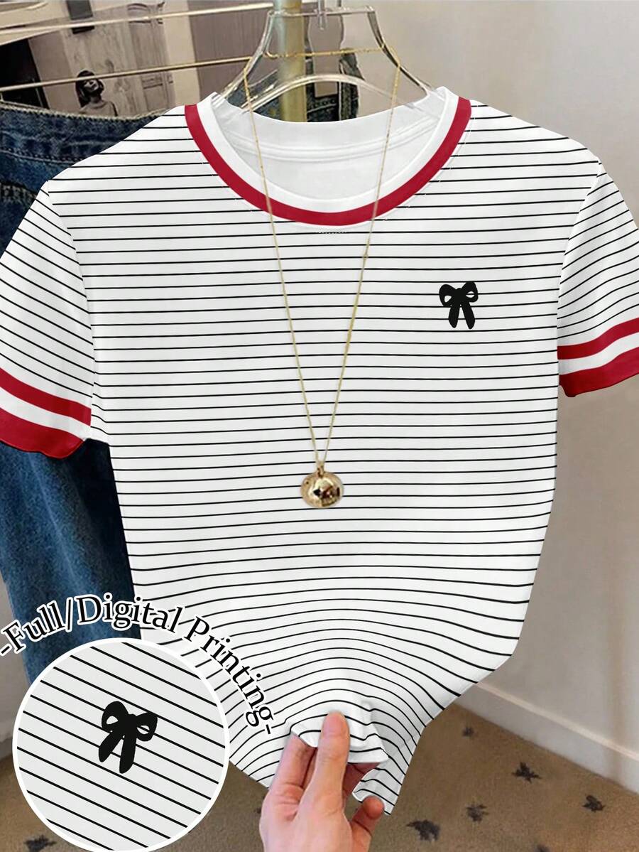 Resyla Women's Horse Print Graphic Loose Casual Contrast Block Color Strip Round Neck T-Shirt Valentine's Day Top - Multicolor - View 1