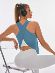 Easithlete 纯色休闲户外多功能透气无袖女式运动T恤 - 藍色 - 查看 2