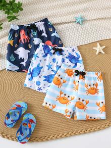 SHEIN Bộ 3 món quần áo trẻ em unisex, bộ đồ bơi và quần short đi biển họa tiết hoạt hình đại dương cho bé trai, thích hợp cho bãi biển, hồ bơi, khu nghỉ dưỡng spa. - Nhiều màu - Xem 9