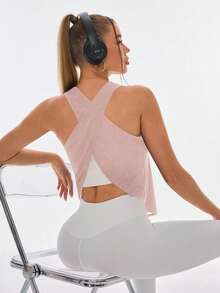 Easithlete Women's Solid Color Criss-Cross Back Casual Fitness Sports Tank Top - Pink - View 2