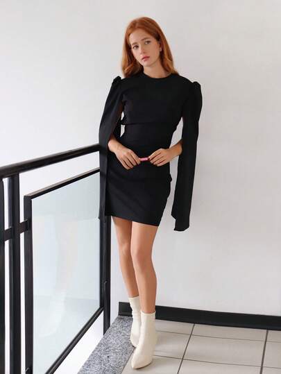 SILVIA DI SANTO Cloak Sleeve Open Back O-Ring Zip Up Dress