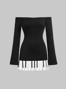 ROMWE Y2K Sexy Babe Off Shoulder Flare Sleeve Piano Hem Fitted Mini Dress For Women - Black - View 1