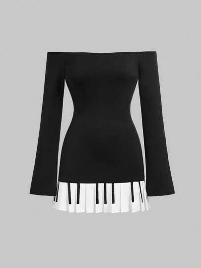 Vestido mini ajustado con hombros descubiertos, mangas acampanadas y bajo de piano para mujeres, estilo Y2K sexy