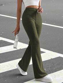 Muchica 女士純色高腰寬腿肋紋褲