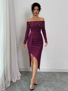 Elenzga Women's Open Shoulder Long Sleeve Ruched High Slit Pearl Design Bodycon Dress For New Year Clothes - Red Violet - View 4
