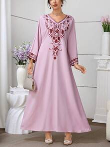 Al Najma V-Neck Embroidered Pink Elegant Loose Arabic Style Dress Kaftan Jalabiya Dress - Pink - View 6