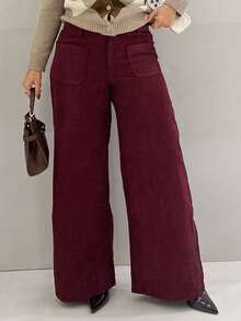 NegzBox Pantaloni casual dritti e larghi in velluto a coste di colore unito, adatti per l'autunno/inverno - Bordò - Visualizzare 6