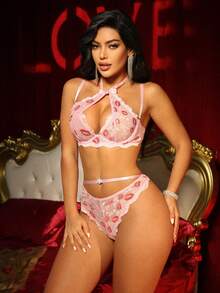 Set de lencería de 2 piezas con corazón de encaje bicolor sexy y romántico para el Día de San Valentín - Rosa - Ver 5