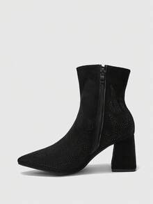 CUCCOO BIZCHIC 女士时尚百搭通勤水钻装饰粗跟踝靴 - 黑色 - 查看 10