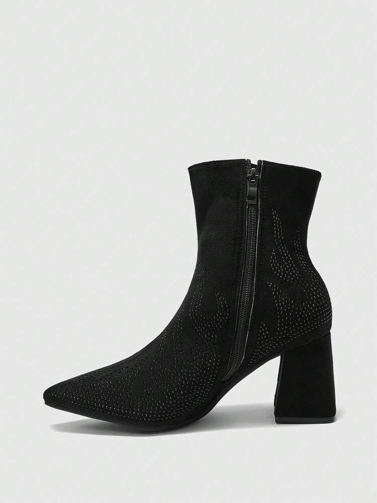 CUCCOO BIZCHIC Women's Fashion Versatile Commuting Rhinestone Embellished Chunky Heel Ankle Boots For Christmas
