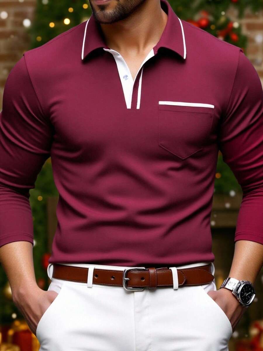 Manfinity Mode 男士休闲半开襟长袖 Polo 衫，日常百搭男士时尚上衣，男士休闲上衣，男士 Polo 衫，长袖酒红色和白色衬衫，男士酒红色衬衫 - 紅色 - 查看 1