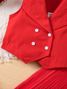 2pcs Young Girl Elegant Red Fashion Vest & Pleated Long Pants Set,Summer 7th Birthday Casual Outfit For Girls Button Top Collar Two Piece Outfit - Red - View 7