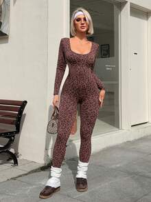 Slayform Women's Leopard Print Backless Sexy Stylish Long Sleeve Jumpsuit - Brown - View 5