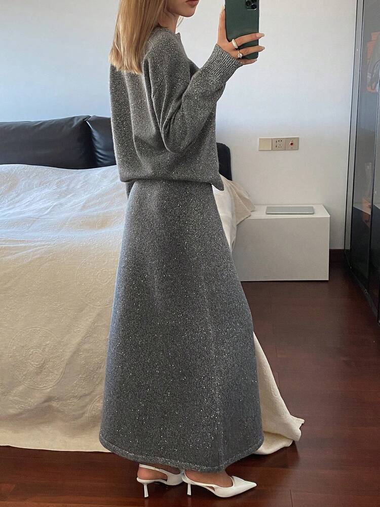 Women's Elegant Sequin Sweater & Skirt 2 Pieces Set, Autumn/Winter