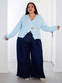 Pretty and Ole Damen Große Größen Strickjacke mit Metallknöpfen und Bindedetail, Langarm, Herbst/Winter - Blau - Übersicht 1