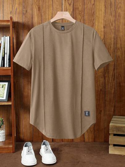 HIMLAND Men's Round Neck Asymmetrical Hem Casual Daily Versatile Commuting Short Sleeve T-Shirt Mens Casual Tops Brown T-Shirt Men Curved Hem Tee Men Mens Casual T-Shirt