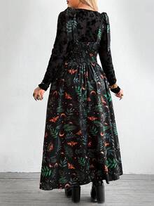 Whyspr 大码女式乡村朋克风蝴蝶结肩方领印花连衣裙 - 黑色 - 查看 2