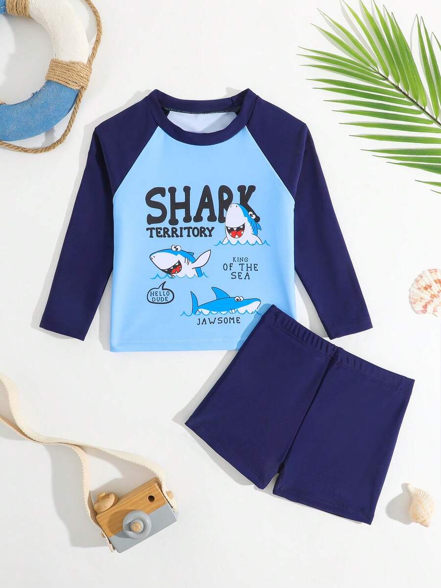 2件套幼儿男童长袖泳衣上衣和短裤泳装套装