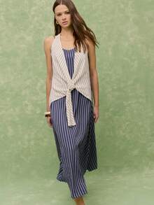 Nöista Striped Midi Dress In Navy  White With A With Front Knot.  Perfect For Spring Summer Outfits Casual Chic Styling  Effortless Everyday Formal Event Weeding Guest Pool Party Festival.  Vacation Luxury Going Out  Wedding  Party    Festival  Holiday  Summer - Navy Blue - View 6
