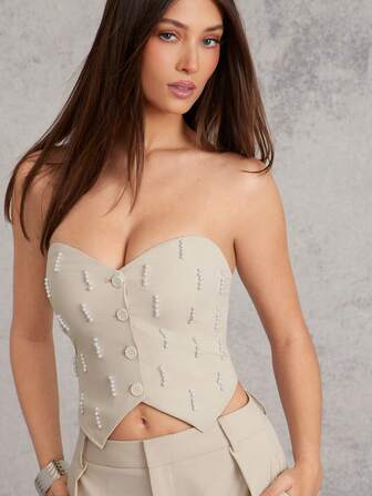 L'Amorae 珍珠饰边纽扣甜心筒