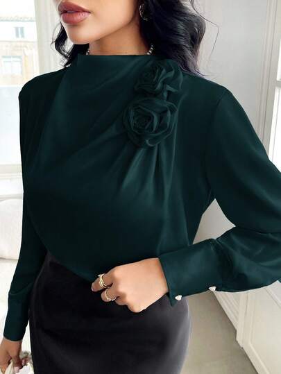Modelyn Women's Elegant Commuter Solid Color 3D Floral Decor Shirt Women Blouses Elegant Long Sleeve Blouses Emerald Green Top