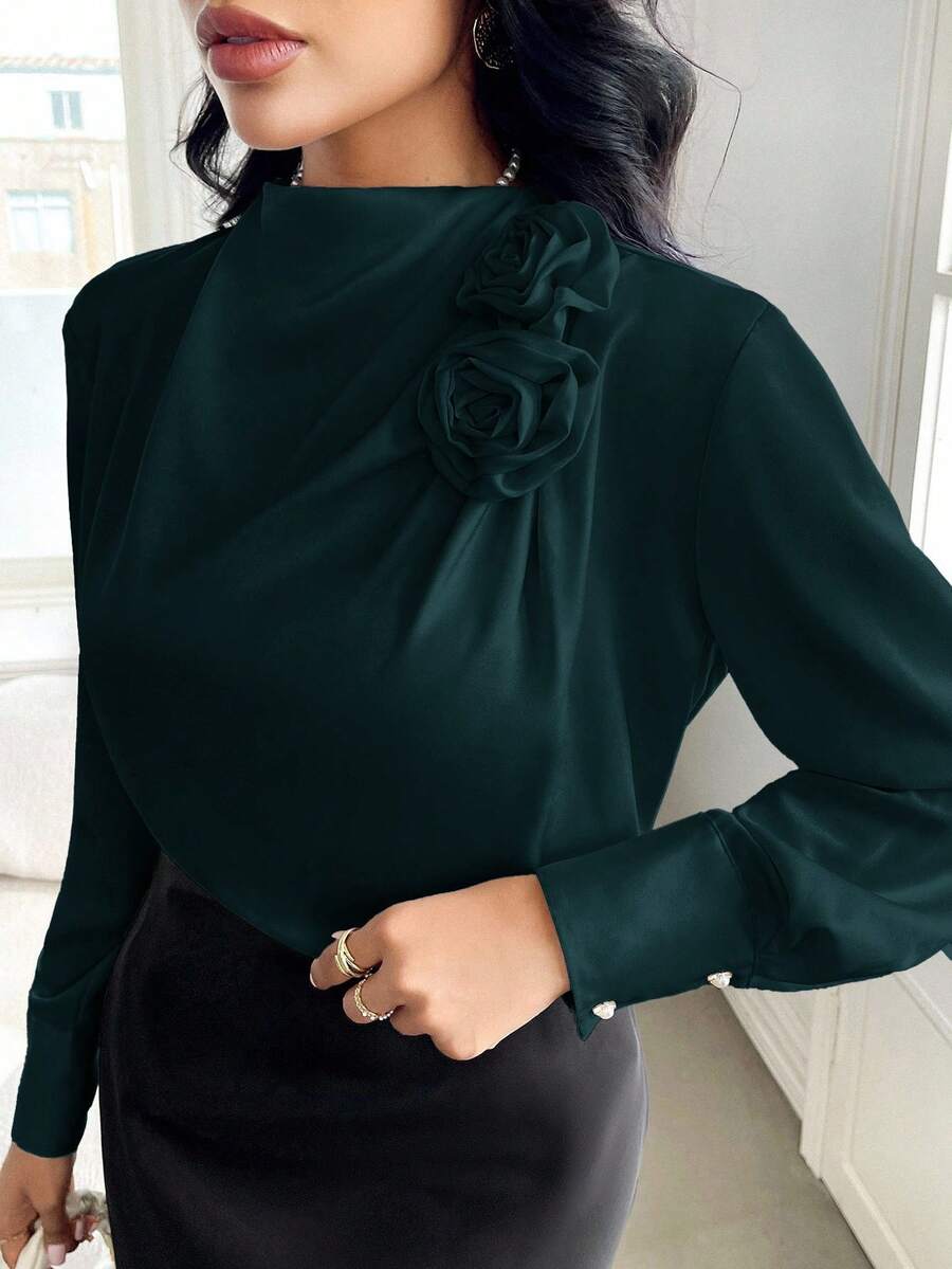 Modelyn Camisa elegante de unicolor con decoración floral 3D para mujer - Agua verde azul - Ver 1