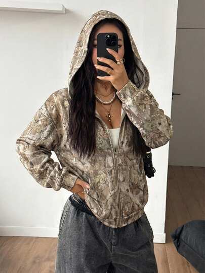 Women's Fall/Winter Couple Same Style/Couple Same Style/Basic/Going Out Knit Camo Thermal Lined Keep Warm Zip Up Army Green Baggy Long Sleeve Sweatshirt Camo Sweatshirt
