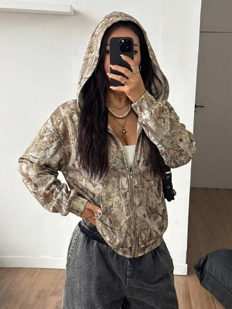 Coolane Women's Fall/Winter Couple Same Style/Couple Same Style/Basic/Going Out Knit Camo Thermal Lined Keep Warm Zip Up Army Green Baggy Long Sleeve Sweatshirt Camo Sweatshirt - Multicolor - View 1