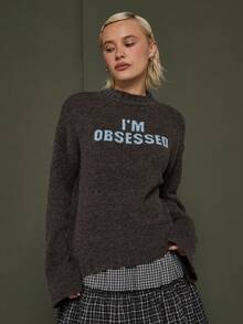 COUREZ High Neck Oversized Jumper With Front Slogan/ Sweater For Women Y2K Spring Clothes For Women Cozy Fluffy Knit Casual Going Out Tops Party Festivals - Brown - View 2