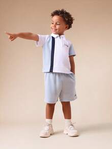 SUMWON Boys Short Sleeve Color Block Polo Top With Matching Shorts Summer Co-Ord Set With Collared Neckline And Chest Logo Casual Vacation - Baby Blue - View 1