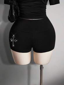 SHEIN ICON Quần short thời trang cạp chun đính đá chéo cỡ lớn cho nữ - màu đen - Xem 9
