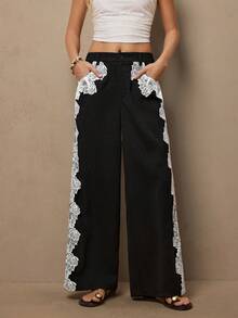 Freevana Calça Preta com Bolsos para Fémininas, Calça Reta de Perna Larga com Recorte de Renda, Calça Larga Romântica de Primavera - Azul Marinho - Visão 3