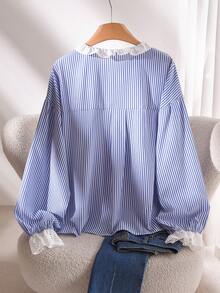 CosyJoli Áo sơ mi nữ cỡ lớn mùa thu đông, áo cài nút, áo sơ mi denim đã giặt, áo ren dễ thương, trang phục thường ngày cho nữ, trang phục cho bé gái, áo sơ mi tay bồng - Màu xanh lam - Xem 2