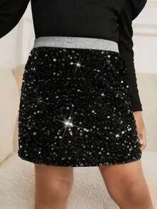 SHEIN Holiday Party Outing Gathering Christmas Sequin Bodycon Mini Skirt, Party Dress, Silver Waistband Skirt, Girl Sequin Skirt, Black Sequin Skirt, Girls Skirt, Girls Sparkle Skirt - Black - View 1