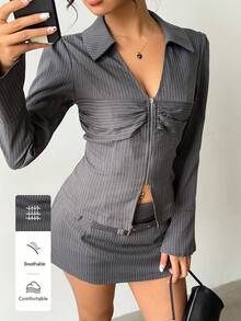 SHEIN MOOSTA Women's Striped Open Front Zip Waist Decor Metal Button Mini A-Line Skirt Suit - Grey - View 1