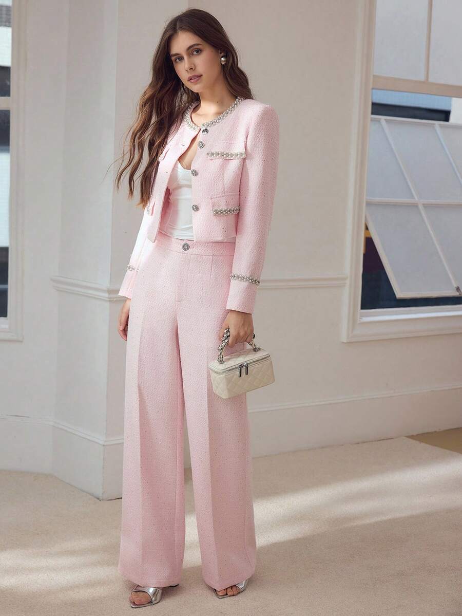 MOTF PREMIUM TWEED SOLID SEAM FRONT WIDE LEG SUIT PANTS