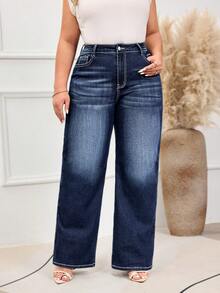 EMERY ROSE Plus Size Women High Waist Pockets Wide Leg Loose Casual Versatile Jeans Winter New Year - Dark Wash - View 2