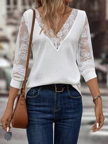 SHEIN LUNE Women's Elegant Commuter Solid Color Lace Patchwork Top - White - View 4